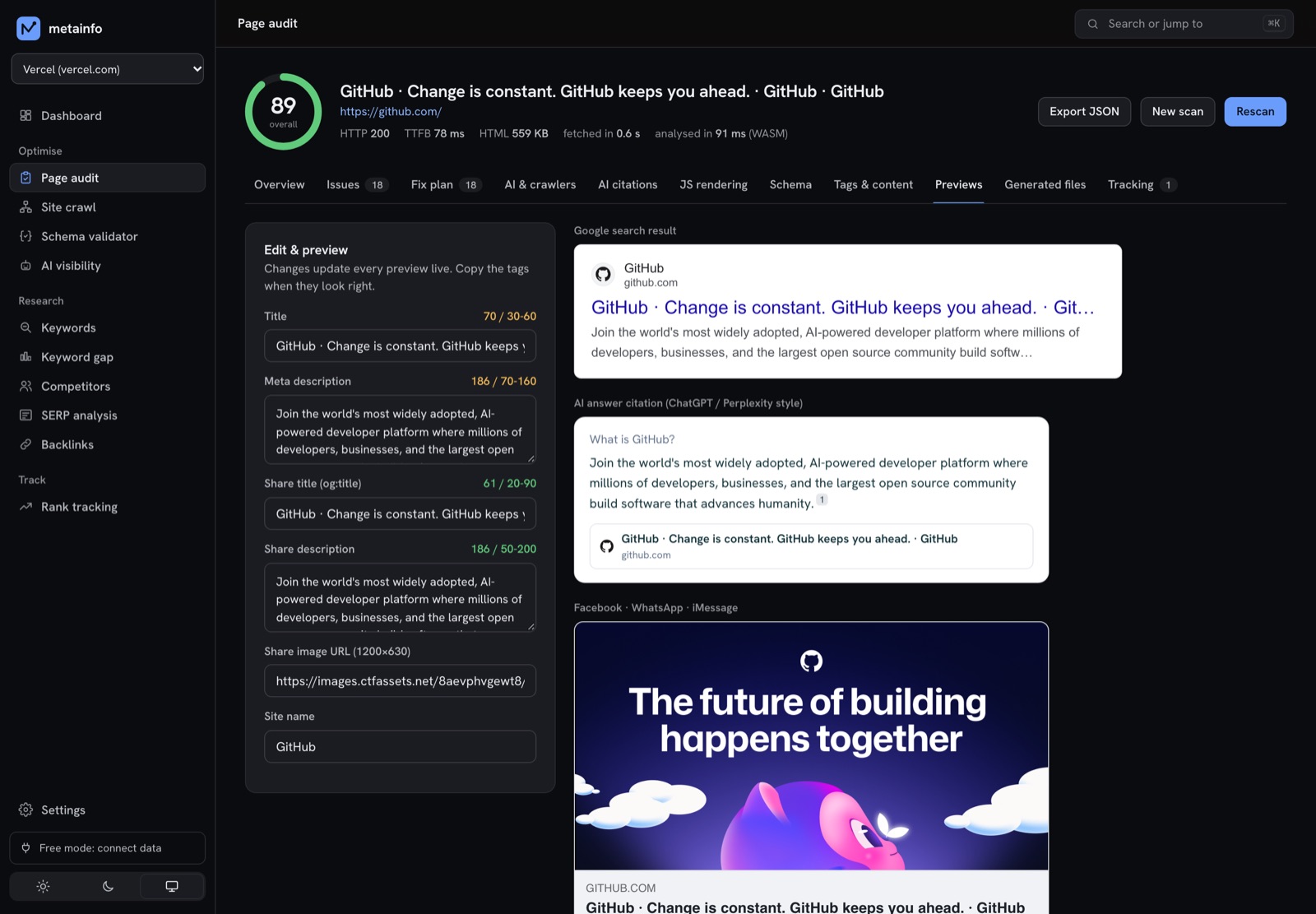 Editable previews of a Google result, an AI answer citation and a Facebook card
