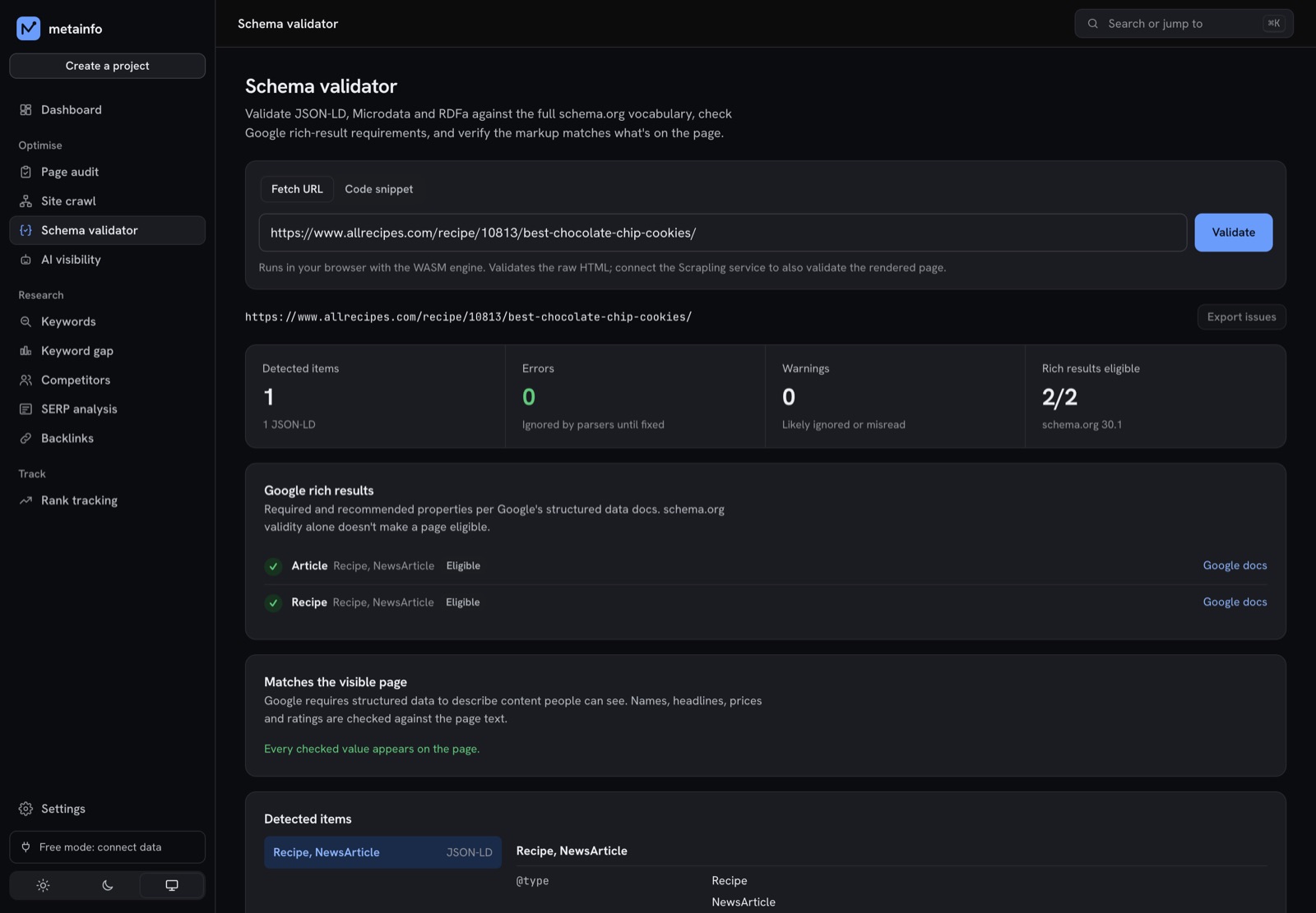 Schema validator results for a recipe page: detected items, Google rich results eligibility and visible-content check